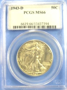 1943-D Walking Liberty Mezzo Dollaro CERTIFICATO PCGS MS 66 Argento GEM 50c - Foto 1 di 3