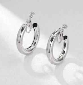 Clip on 1 1/4" shiny silver pipe style open back hoop earrings - Picture 1 of 4