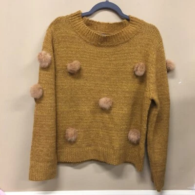 Suéter Michelle Nicole Amarillo Mostaza Pom Pom Mezcla Lana Nuevo con Etiquetas Talla Mediana Foto 1 de 4