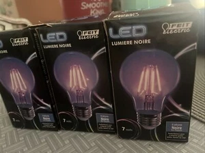 3 NEW 7 watt A19 LED UV Bulb Black Light Decorative Lumiere Noire Feit Electric - Picture 1 of 6