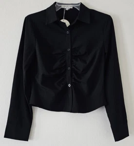 Patrizia Luca Damen schwarz Langarm Cropped gerafft vorne Knopfleiste Shirt M - Bild 1 von 9