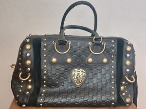 Gucci Babouska Bag Black Large Studded Leather Knight Gold Logo Used