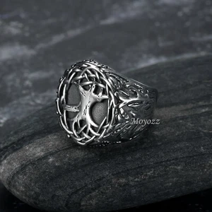 MOYOZZ Stainless Steel Mens Irish Celtic Trinity Knot Tree of Life Ring Sz 7-15 Gift