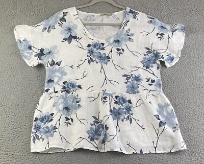 Lungo L'Arno 100% Linen Tunic Ruffle Sleeve Top Italy White Blue Floral Size S - image 1 of 4