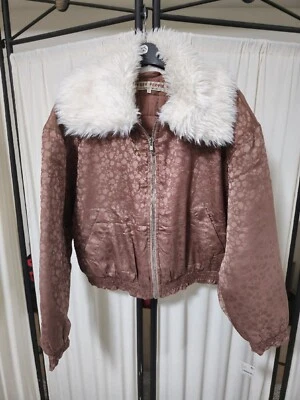 Free People Crafted Floral Bomber Jacket Peach zip up with fur collar size M - Image 1 of 4