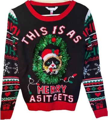 Suéter Feo NAVIDAD Gato Gruñón En Oropel Corona Pop Adorno Lentejuelas NoBo Foto 1 de 4