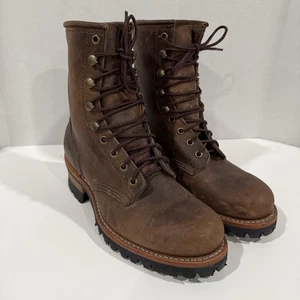 Vtg Frye Logger Boots Women 9M Brown Chunky Lug Combat Lace Up Vibram Sole - Picture 1 of 14