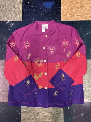 Coldwater Creek  color block linen floral embroidered button-front jacket SZ LG - Image 1 of 4