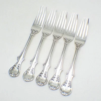 Juego de 5 tenedores de cena victorianos de plata de ley Londres 1846 escudo de león Foto 1 de 4