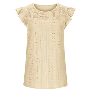 Women Round Neck Tank Top Cap Sleeves Bust Shirred Jacquard Summer Casual Blouse - Picture 1 of 4