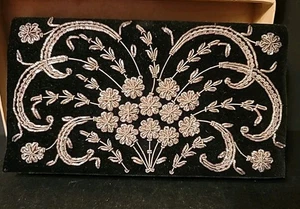Vtg IVORY PALACE Zardozi Blk Velvet Silver Embroidery Evening Clutch Satin Liner - Picture 1 of 8