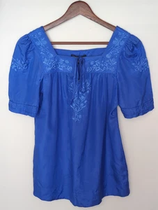 Banana Republic Women's Size S Blue Cotton Silk Short Sleeve Embroidered Top - Picture 1 of 7
