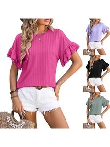 Colorful Women's Round Neck Flutter Sleeve TShirt for Trendy Summer Looks - Picture 1 of 72