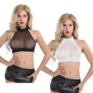 Women Mesh Sheer See Through Vest Crop Tank Top Halter Backless Bra Top Clubwear - Picture 1 of 19