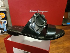 Womens Salvatore Ferragamo Size 9 C Taryn Logo Slide Black Sandal Original Box - Picture 1 of 22