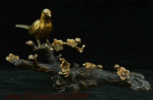 Chinesische Bronze vergoldet Glück verheißungsvolle Pflaumenblüte Blume Knospe Vogel Tier Statue - Bild 1 von 12