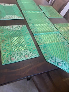 Table Runner 4 Table Place mat Brocade Green Silk Runner Formal Table Decor Gift - Picture 1 of 10