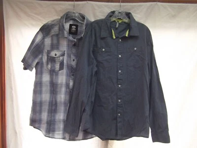 lot 2 shirt L plaid stripe 46in double button chest guide pocket gray navy MINT - Image 1 of 4