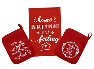 Home is Not a Place it's a Feeling 3-Piece Red Tea Towel & Pot Holders Set Gift - Picture 1 of 1