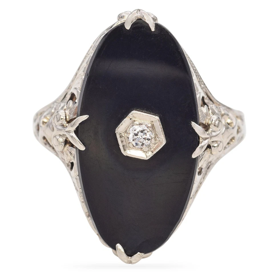 Anel de filigrana de ouro branco 14k com diamante ônix preto Art Deco - Imagem 1 de 4