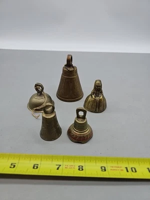 Lot of 5 Vintage Brass Bells w/ different Handles India Girl  - Image 1 of 4