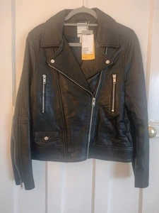 HM LEATHER JACKET SIZE 12 BLACK NEW WITH TAGS GENUINE LEATHER - Picture 1 of 9