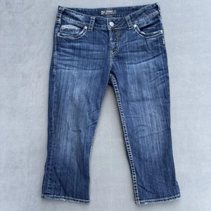 Silver Jeans Womens 31 Blue Denim Suki Flap Capri Embroidered Mid Rise Western - Afbeelding 1 van 21