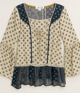 Damen Boho Taylor & Sage Top Größe S Beige Marine Glockenärmel Bluse Lq - Bild 1 von 11