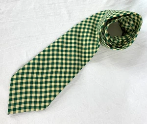 Green and Beige Gingham Check SILK Necktie Preppy 3.75 in Wide Tie Excellent - Picture 1 of 10