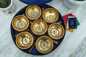 4"natural etching CHAKRA singing bowl set7 singingbowl sound healing meditation - Picture 1 of 8