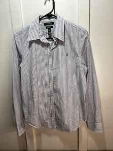 Lauren Ralph Lauren Non-Iron Blue And Grey Stripe Dress Shirt Women's Medium - Picture 1 of 7