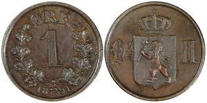Noruega Oscar II Bronce 1891 1 Mineral León Noruego KM# 352 (21 673) - Imagen 1 de 3