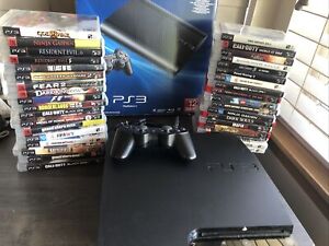 Sony PlayStation 3 Console PS3 Super Slim Black 36 Game Bundle Controller Cords