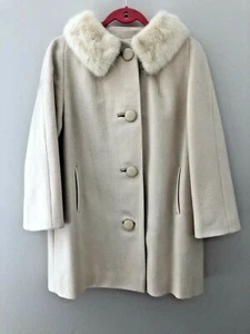 Vintage Forstmann Wool Coat Fur Collar Cream 3/4 Sleeve M? CLASSIC RETRO - Picture 1 of 12