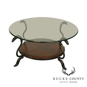 LaBarge Round Glass Top Wrought Iron Table, Leather Tier - Picture 1 of 12
