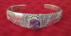 Sterling Silver 925 & Amethyst Southwest Motif Abstract Design Cuff Bracelet - Picture 1 of 7