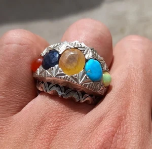 Natural Yellow Sapphire | Blue Sapphire | Agate | Turquoise | White Opal Ring - Picture 1 of 6