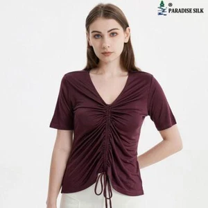 Stunning Silk V-neck Short Sleeve Elegant Drawstring Knit Top for Women - Picture 1 of 11