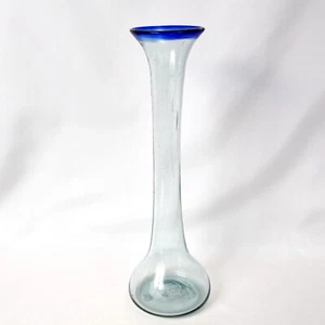 MEXICAN RECYCLED COBALT BLUE RIM & CLEAR GLASS VASE HANDBLOWN PONTIL 42.5cm H - Picture 1 of 10