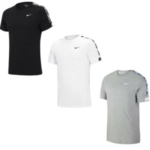 Mens Nike T Shirt Repeat Crew Neck Cotton Tape Sleeve Retro Black White Grey - Picture 1 of 14