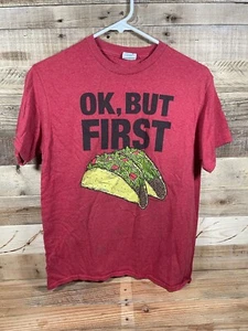 OK But First Tacos Youth Boys (L) Red T Shirt Funny Cotton Short Sleeve Tee Top - Picture 1 of 3