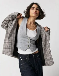 Blazer a quadri We the free Free People Cali taglia XL blu marrone combinato nuovo con etichette - Foto 1 di 9