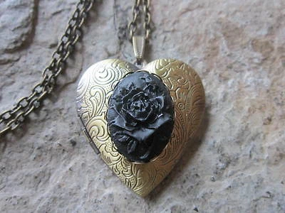 BLACK ROSE CAMEO BRONZE HEART LOCKET - UNIQUE, HANDMADE, MOURNING, ANTIQUE LOOK - Image 1 of 3