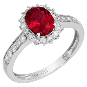 10k Solid White Gold Oval Created Ruby and Diamond Halo Engagement Ring - Picture 1 of 6