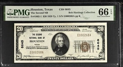 1929 $20 Houston Texas Second National bank CH 8645 PMG 66 EPQ - Image 1 of 2