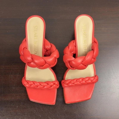 Stuart Weitzman Playa 50 Block Sandal Womens Size 6 Coral Braided Heel Shoes - Image 1 of 4