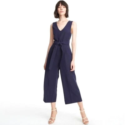 Macacão Club Monaco tamanho 8 Torela azul marinho listra de giz cropped perna larga cintura gravata - Imagem 1 de 4