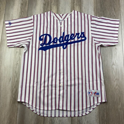 VINTAGE Majestic Los Angeles Dodgers Jersey Mens XL White Blue Red Striped USA Cover