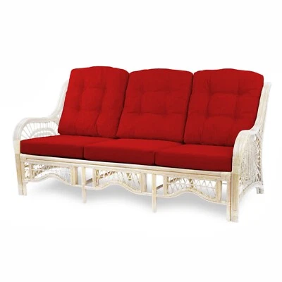 Malibu Handmade 3-Seater Sofa Natural Rattan Wicker Cream Color, Red Cushions - Image 1 of 4