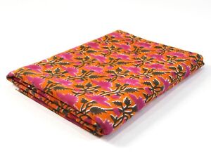 Orange Pink Floral Hand Block Printed Cotton Fabric By Yard Dressmaking Fabric